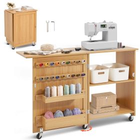 Folding Sewing Table, Multipurpose Sewing Machine Table with Compact Design, Wheels, Shelves, Storage Trays, Wooden Pegs, and Magnetic Doors