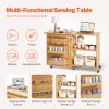 Folding Sewing Table, Multipurpose Sewing Machine Table with Compact Design, Wheels, Shelves, Storage Trays, Wooden Pegs, and Magnetic Doors