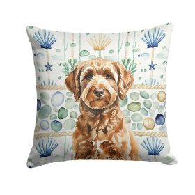 Chocolate Labradoodle Coastal Sea Glass Throw Pillow Decorative Indoor Outdoor Accent Cushion for Couch, Bed or Patio, 14Hx14W