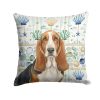 Tricolor and White Basset Hound Coastal Sea Glass Throw Pillow Decorative Indoor Outdoor Accent Cushion for Couch, Bed or Patio, 14Hx14W