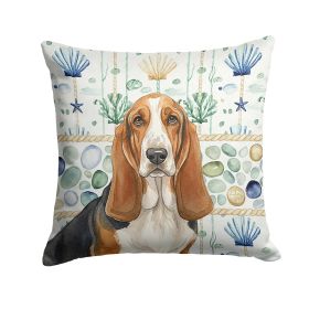 Tricolor and White Basset Hound Coastal Sea Glass Throw Pillow Decorative Indoor Outdoor Accent Cushion for Couch, Bed or Patio, 14Hx14W
