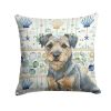 Blue and Tan Border Terrier Coastal Sea Glass Throw Pillow Decorative Indoor Outdoor Accent Cushion for Couch, Bed or Patio, 14Hx14W