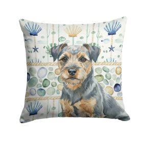 Blue and Tan Border Terrier Coastal Sea Glass Throw Pillow Decorative Indoor Outdoor Accent Cushion for Couch, Bed or Patio, 14Hx14W