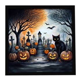 Black Cat Spooky Halloween Framed Metal Print Bathroom, Kitchen, Office, Home Decor Wall Art Ready to Hang, Square, 8X8