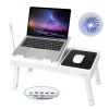 Foldable Laptop Table Bed Notebook Desk w/Cooling Fan Mouse Board LED light 4 x USB Ports Breakfast Snacking Tray with Storage Groove For Home Office