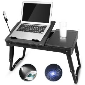Foldable Laptop Table Bed Notebook Desk w/Cooling Fan Mouse Board LED light 4 x USB Ports Breakfast Snacking Tray with Storage Groove For Home Office (Color: Black)